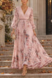 Febedress V Neck Lantern Long Sleeves Floral Print Pleated Maxi Dress (A)