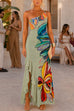 One Shoulder Floral Print Ruffle Hem Slit Maxi Dress