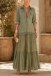 Febedress Lapel Long Sleeves Organza Splice Ruffle Denim Maxi Dress