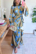 Bell Long Sleeves Floral Print Draped Slit Maxi Dress
