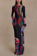 Boat Neck Long Sleeves Watercolor Print Maxi Dress