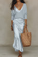 Febedress V Neck Drop Shoulder Sweater and Satin Maxi Cami Dress Set