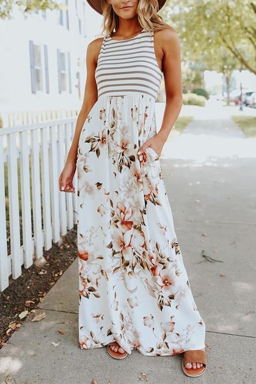 Febedress Stripes Splice Floral Printed Maxi Dress
