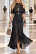 Febedress Cold Shoulder Denim & Chiffon High-Low Maxi Dress