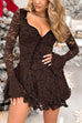 V Neck Bell Long Sleeves Ruffle Lace Mini Dress