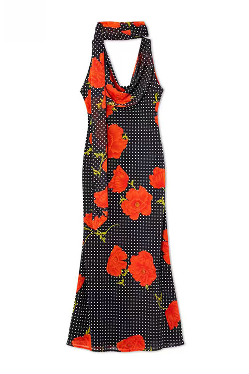 Febedress Cowl Neck Backless Floral Print Maxi Dress with Scarf
