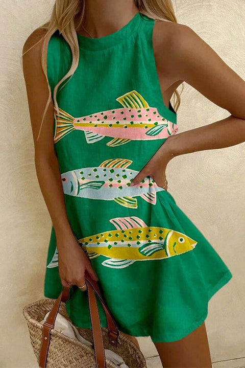 Febedress Crewneck Sleeveless Fish Print Mini Beach Dress