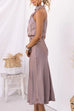 High Neck Zipper Back Waisted Satin Midi Dress