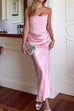Febedress Strapless Ruched Satin Splice Bodycon Maxi Dress