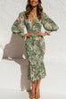 Febedress V Neck Lantern Sleeve Printed Ruffle Dress