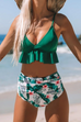 Febedress V Neck High Waist Ruffle Printed Swimwear Set