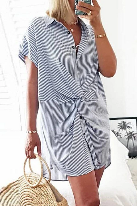 Febedress Short Sleeve Twist Knot Striped Shirt Dress