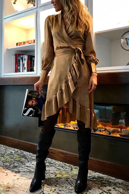 Febedress Wrap V Neck Long Sleeve Tie Waist Ruffle Dress