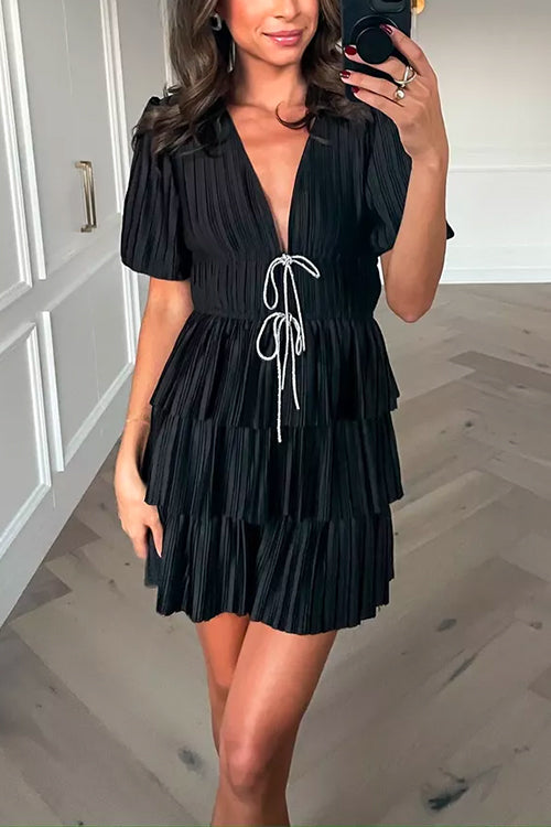 Deep V Neck Pleated Tiered Holiday Party Mini Dress Febedress
